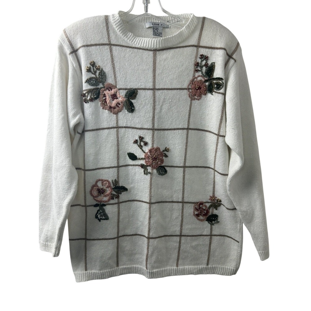 Lise‎ J. Vintage Cream Embroidered Floral Windowpane Knit Sweater Ramie Cotton M